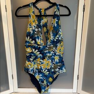 Adore Me tummy control floral swimsuit XL blue yellow floral